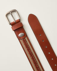 Fabric & Braid Inlay Leather Belt - Tan