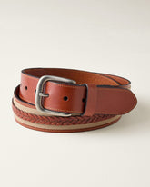 Fabric & Braid Inlay Leather Belt - Tan