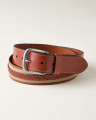 Fabric & Braid Inlay Leather Belt - Tan