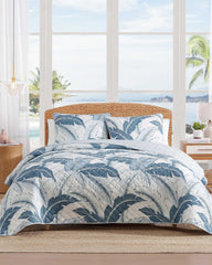 Vintage Palms 3-Piece Full/Queen Quilt Set - White/Blue