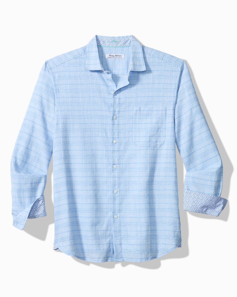Big & Tall Barbados Breeze Playa Plaid Stretch-Linen Shirt - Aqua Ice