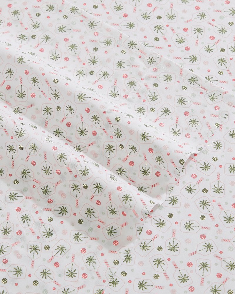 Pickleball Palm 4-Piece King  Sheet Set - White/Pink