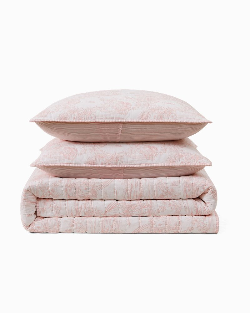 Beach Toile Reversible 3-Piece Full/Queen Quilt Set - Pink