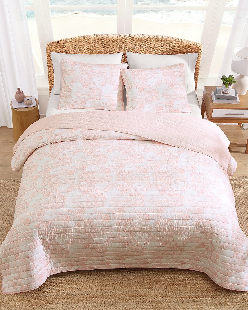Beach Toile Reversible 3-Piece King Quilt Set - Pink