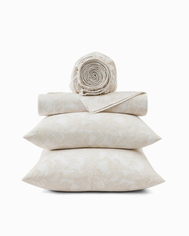 Legacy Fronds 4-Piece Queen Sheet Set - White/Lt Beige