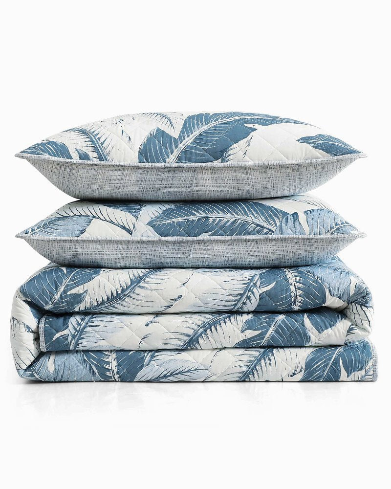 Vintage Palms 3-Piece Full/Queen Quilt Set - White/Blue