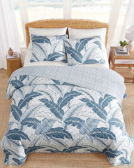 Vintage Palms 3-Piece King Quilt Set - White/Blue
