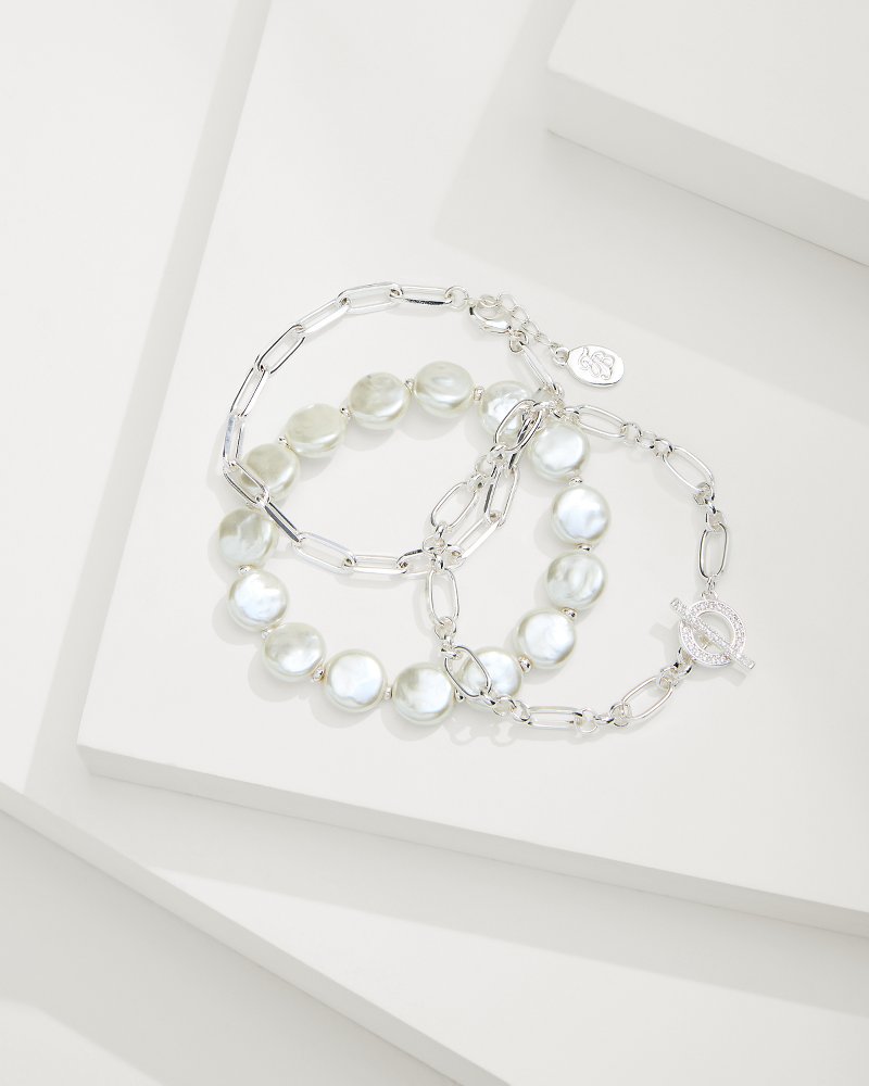 Silver Coast Link &amp; Pearl Bracelet Set - Silver