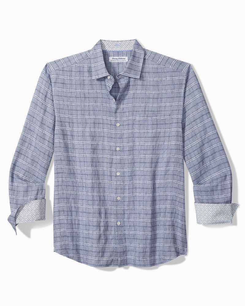 Big &amp; Tall Barbados Breeze Playa Plaid Stretch-Linen Shirt - Raincloud