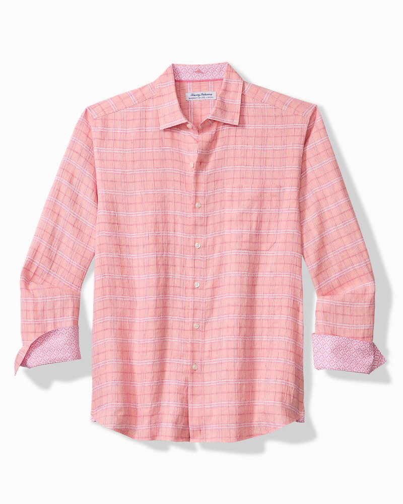 Big &amp; Tall Barbados Breeze Playa Plaid Stretch-Linen Shirt - Bright Peach
