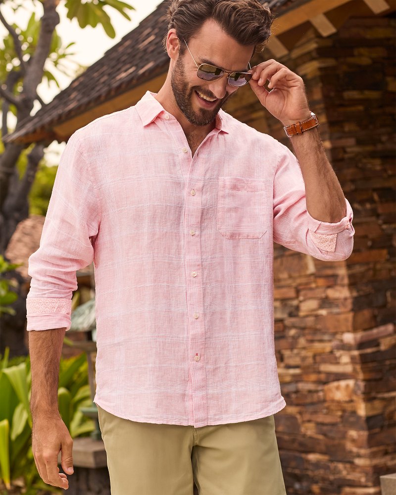 Big &amp; Tall Paradisio Plaid Linen Long-Sleeve Shirt - Passion Peach
