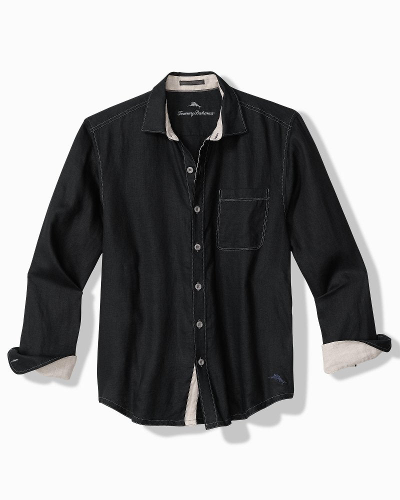 Big &amp; Tall Paradise Breezer Linen Long-Sleeve Shirt - Black