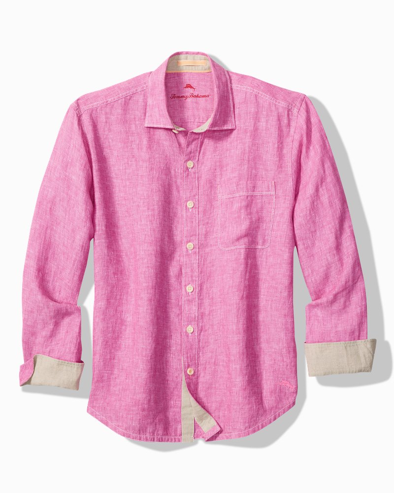 Big &amp; Tall Paradise Breezer Linen Long-Sleeve Shirt - Pink Umbrella