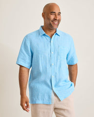 Big &amp; Tall Paradise Breezer Linen Short-Sleeve Shirt - Glass Bead Blue