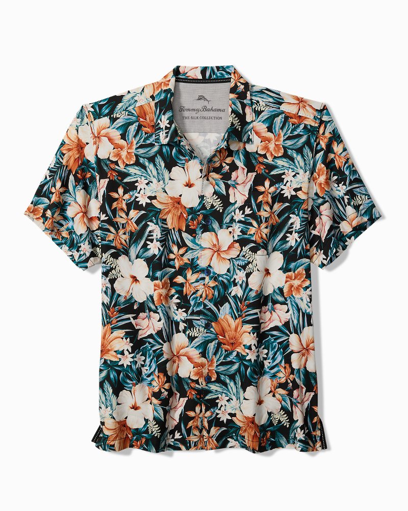 Big &amp; Tall Midnight Blooms Silk Camp Shirt - Evening Blue