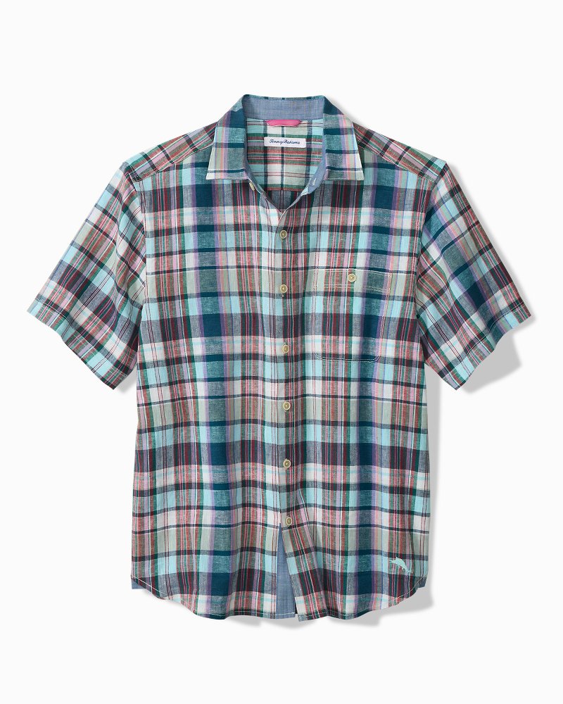 Big &amp; Tall Barbados Breeze Tavira Check Stretch-Linen Shirt - Rococo Blue