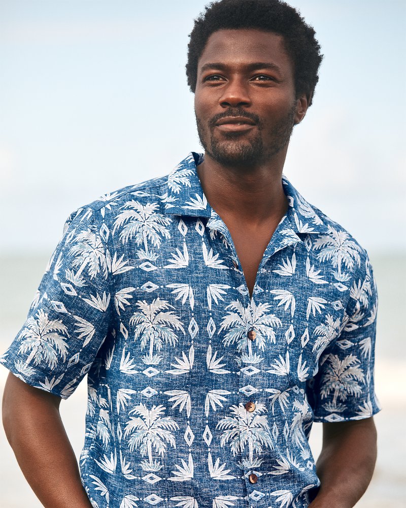 Big &amp; Tall Palm Press Linen Camp Shirt - Cobalt Sea