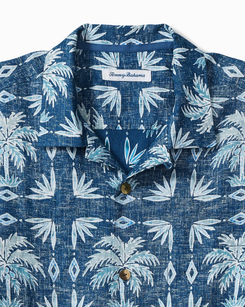 Big &amp; Tall Palm Press Linen Camp Shirt - Cobalt Sea