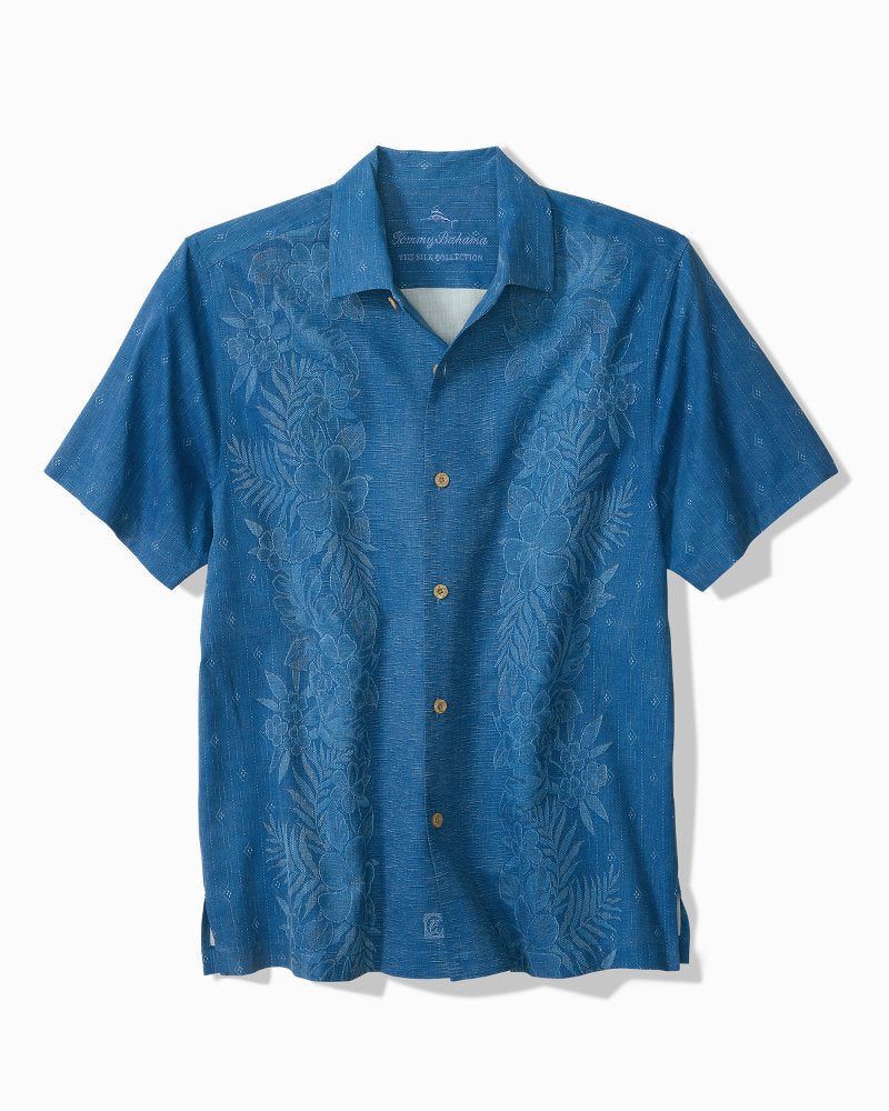 Big &amp; Tall Kona Luxe Border Silk Camp Shirt - Dockside Blue