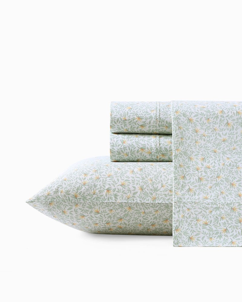 Crane Flower 4-Piece Cotton Cooling Queen Sheet Set - Green