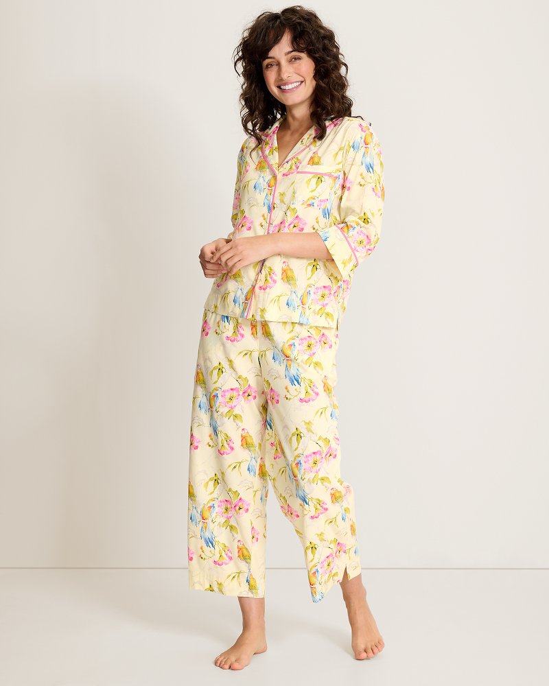 Lawn 3/4-Sleeve Top &amp; Cropped Pants Pajama Set - Pale Yellow