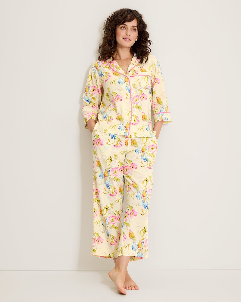 Lawn 3/4-Sleeve Top &amp; Cropped Pants Pajama Set - Pale Yellow